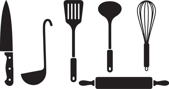 Black kitchen utensils and tools on white background illustration
