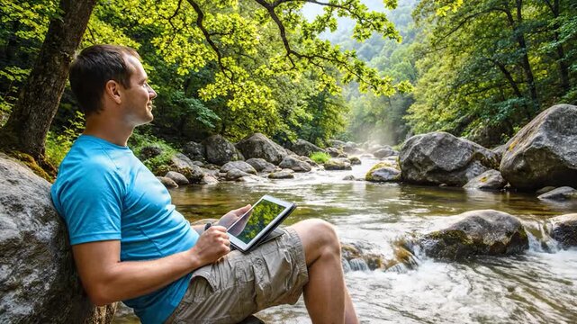 A man sits by a flowing river in a lush green forest, using a digital tablet to browse information while enjoying the natural scenery