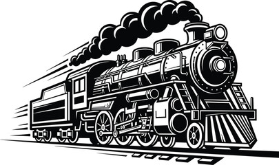 Vintage steam locomotive train silhouette classic railway engine transport black and white vector illustration isolated background design retro style © MdHabibur