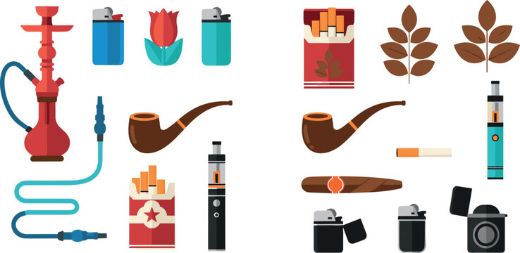 Tobacco, Vape, and Smoking Accessories Illustration Set with Hookah, Pipes, Cigarettes, E-Cigarettes, and Lighters