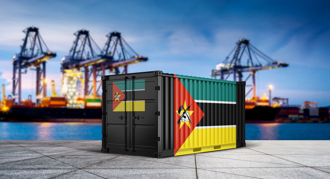 Mozambique's Cargo: A container featuring the vibrant flag of Mozambique, positioned within a bustling port, symbolizing international trade, transport, and global commerce.