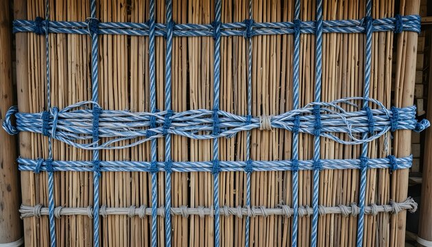 Wooden charpai with blue and white rope pattern, simple rural background