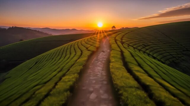 A serene landscape of rolling hills with evenly planted rows of crops at sunset