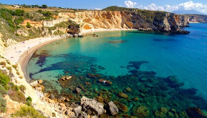Obraz premium A serene coastal scene with turquoise waters and rugged cliffs