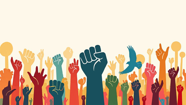 Diverse hands raised, colorful fists, protest signs, freedom concept, vector illustration
