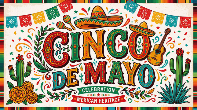 Decorative Cinco de Mayo Typography with Mexican Ornaments and Papel Picado