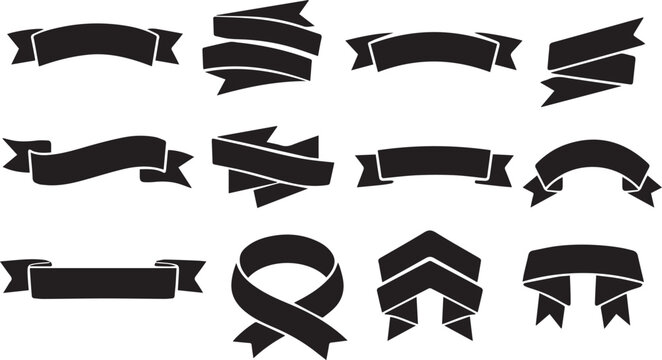 Set of various black ribbon banners and scrolls isolated on a plain white background.