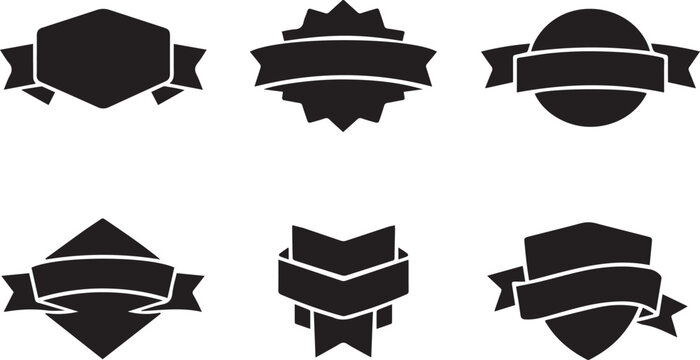 Set of six black silhouette badge templates with ribbons for logo and label design