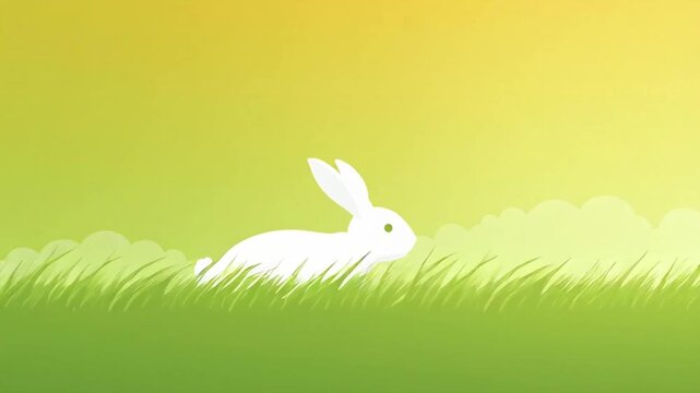 White rabbit hopping through green grass minimalist illustration