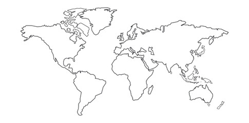 Isolated black and white outline world map showing continents, countries, and oceans representing global geography, navigation, and educational reference concept © AndiPoe