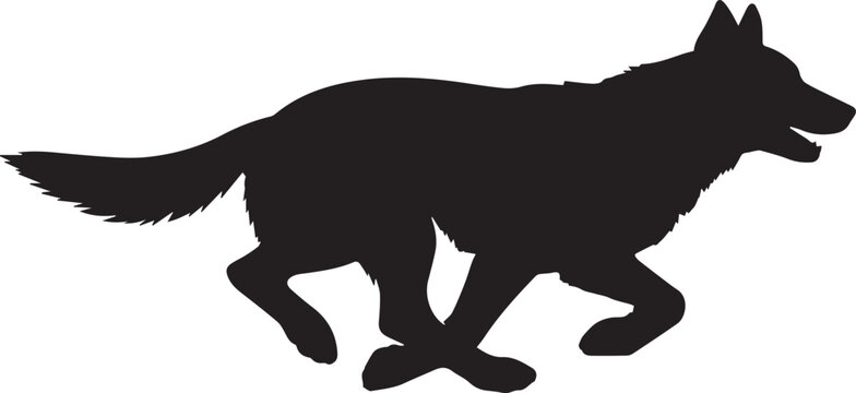 Black silhouette of a running wolf or dog isolated on a white background in side profile view.
