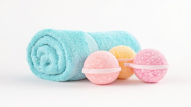 A pair of fluffy towels rolled up alongside a new line of bath bombs