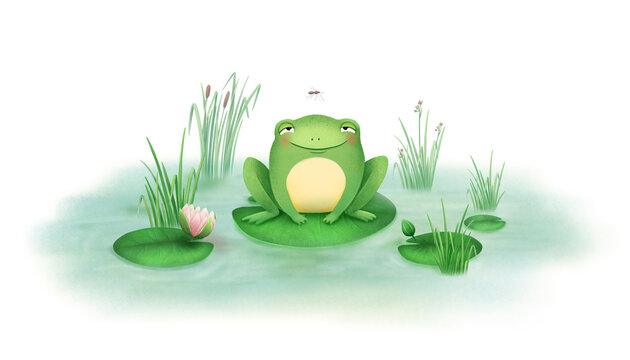 A watercolor book illustration of a frog among reeds. The animal in its natural habitat is hand drawn in a simple, childlike style. For children's books, textiles, nursery wallpaper, and postcards.