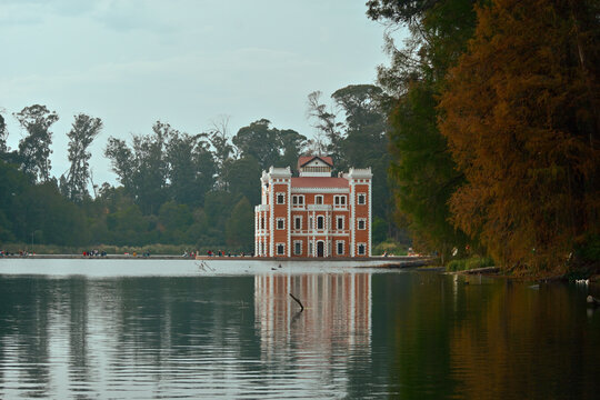Ex hacienda de chautla castle, Puebla, Mexico. Traditional European-style architecture reflecting on calm lake water