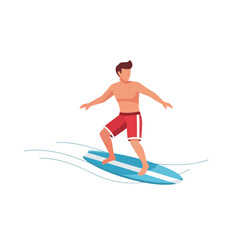 Obraz premium Man Surfing on Blue Board with Red Shorts, Watersport Activity and Summer Lifestyle