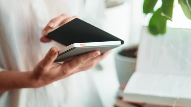 Electronic book. Close up of hands opening an ebook case for reading by window. Modern education, digital lifestyle and online reading with books and calm home atmosphere