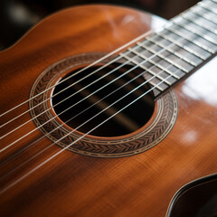 Obraz premium Closeup of a brown acoustic guitar with a sound hole and strings
