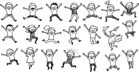Happy Childhood Kids Jumping Doodles. Black and White Hand-Drawn Line Art Illustration of Diverse Children Playing for Education and Lifestyle Concepts. © emerland