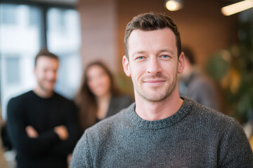 Obraz premium A confident business leader stands proudly before a diverse team in a modern office, capturing the strength and unity of a dynamic startup environment.