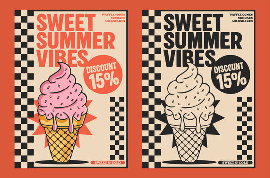 Retro ice cream poster with playful illustration, bold typography, checkered pattern, and colorful summer vibes, perfect for dessert and streetwear themes