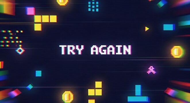 Pixelated 8-bit game screen with "try again" message and colorful geometric shapes.