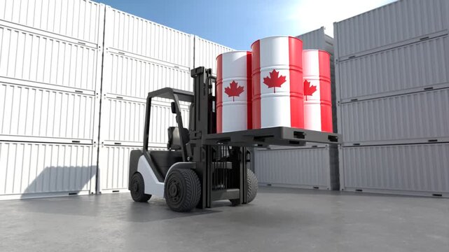 Forklift transporting Canada oil barrels at cargo container terminal. 3D Render