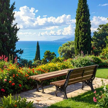 A serene garden bench overlooking a tranquil ocean view