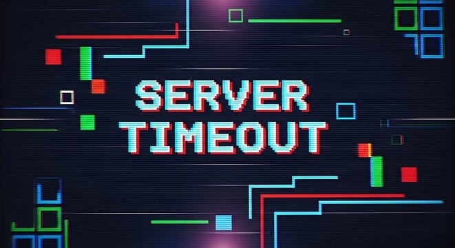 Server timeout message with glitchy pixelated graphics and data lines.