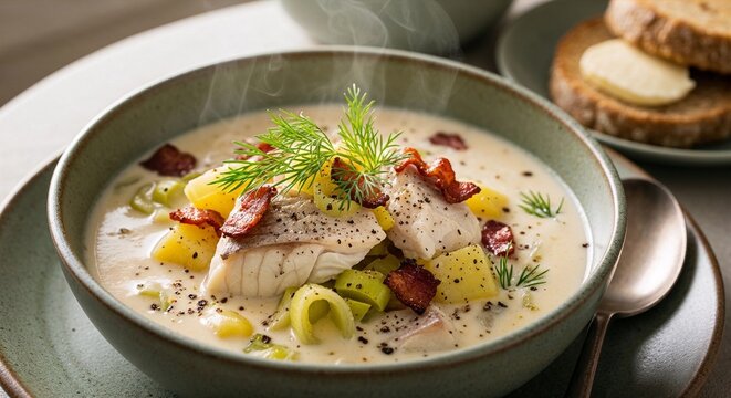 Scottish cullen skink with creamy smoked haddock soup and flaky fish pieces in handcrafted ceramic bowl