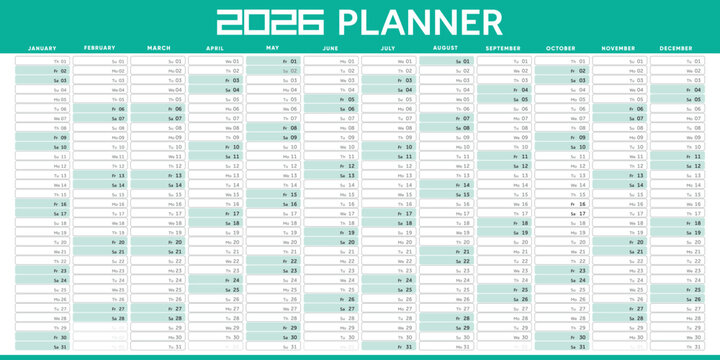 2026 Yearly Planner Calendar Template, in mint and teal tones, ideal for annual scheduling