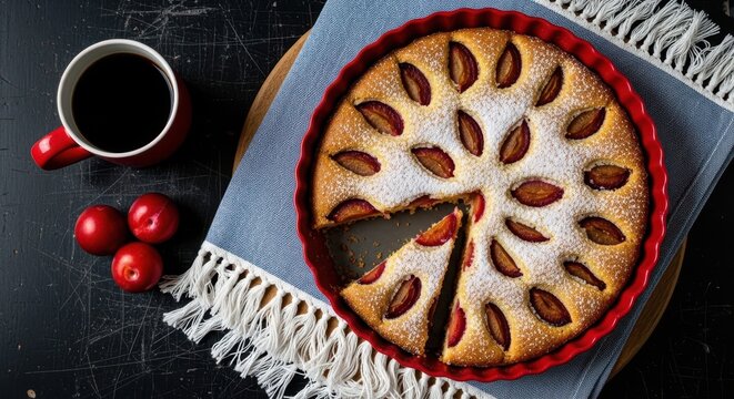 Top view of a delicious plum cake in a red baking dish with a cup of coffee and fresh plums on a dark rustic background