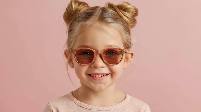 Little girl smiles brightly with curly buns and round sunglasses