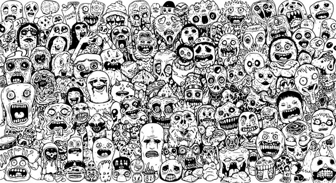 Black and White Hand-Drawn Doodle Art Horror Crowd with Grotesque Faces, Monsters, and Zombie Creatures  Spooky Halloween Fantasy Theme Illustration