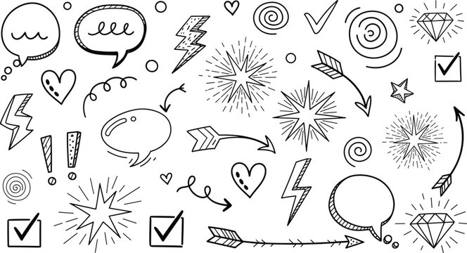 Set of hand drawn doodle elements including speech bubbles, lightning bolts, stars, arrows and hearts.