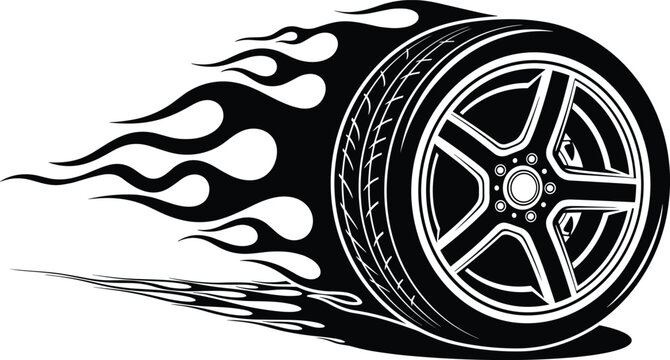 Black illustration of a car tire with flames and smoke trail on transparent background.