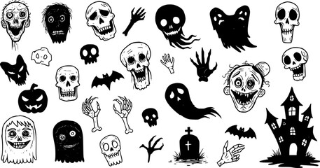 Fototapeta premium Spooky Halloween Black and White Line Art Vector Elements: Skulls, Ghosts, Bats, Pumpkins, Haunted House