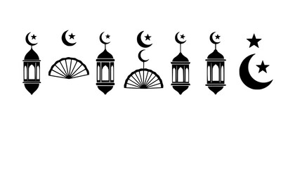 Fototapeta premium Ramadan icon set lantern crescent moon star Islamic symbols black vector illustration isolated on white background