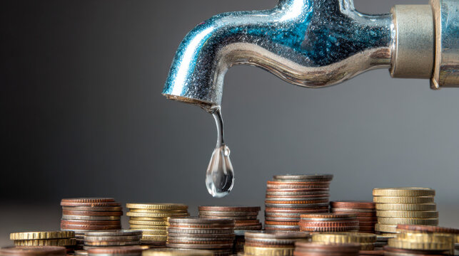 Dripping water tap losing money into stacked coins