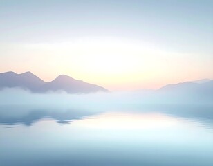 Fototapeta premium Serene landscape with misty mountains and calm lake at sunrise