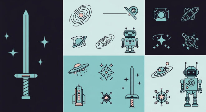 Vibrant vector icon set featuring space adventure elements, celestial bodies, advanced robots, and mythical swords for diverse sci-fi and fantasy design projects