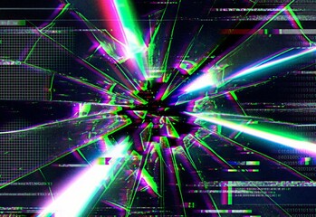 Obraz premium Vibrant digital glitch art features colorful futuristic light rays and geometric patterns