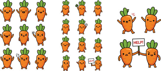 Obraz premium Cute Carrot Cartoon Characters Collection with Funny Emotions and Poses, Kawaii Vegetable Mascots Set for Healthy Food Design Vector Illustration