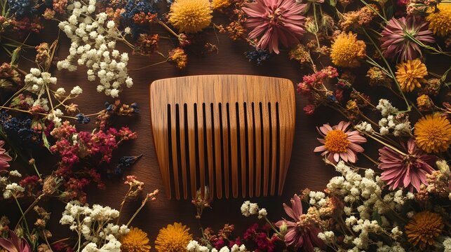 Handmade Wooden Comb Surrounded by Vibrant Floral Arrangement on Dark Rustic Background