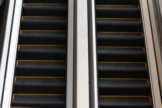 escalator up and down. Empty escalators of office building.