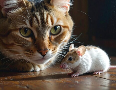 A curious cat and a cautious mouse on a wooden floor