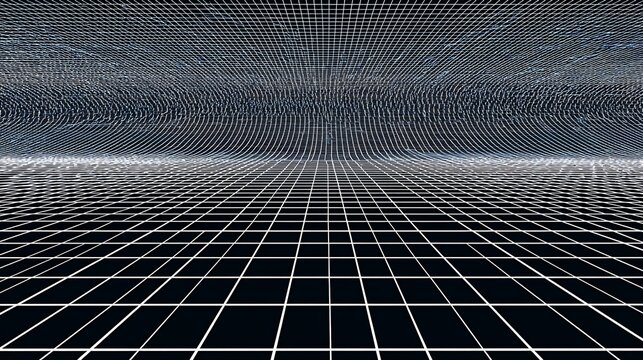 Futuristic Grid Landscape with Dark Blue Horizon and Distorted Sky