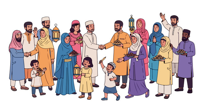 A diverse group of people from many cultures stand together in a joyful celebration amid a colorful multicultural crowd