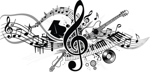 Obraz premium Abstract Music Composition with Treble Clef, Notes and Instruments, Dynamic Sound Illustration for Audio Design, Melody, Rhythm, Creative Art, and Musical Background Concepts