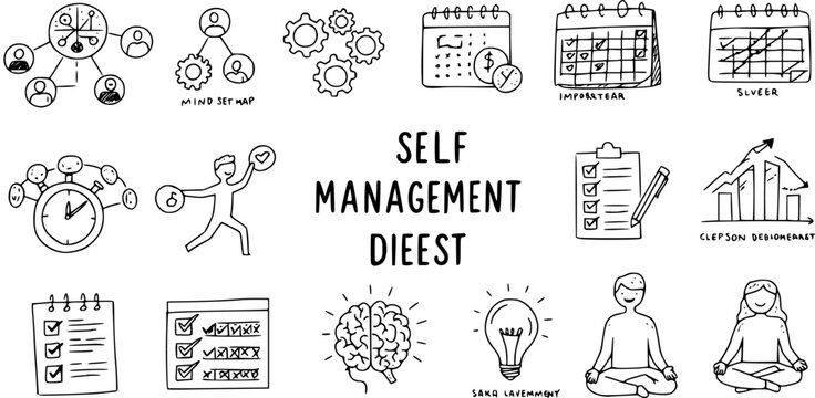 Black and White Hand-drawn Self Management Icons Collection: Doodle illustrations for Productivity, Time Management, Goal Setting, and Personal Development Concepts.