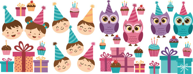 Obraz premium Cute Kids Birthday Party Collection with Children Faces, Owls, Cupcakes and Gifts, Kawaii Celebration Elements Vector Illustration Set